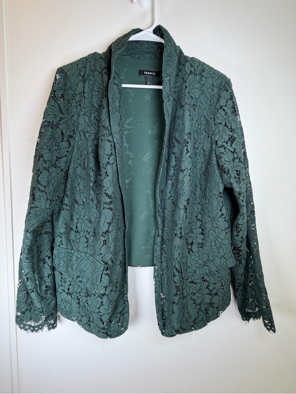 Torrid Green Lace Open Front Blazer Jacket Cardigan Size 1X Plus Floral